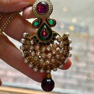 Bollywood Style Gold, Green, and Purple Pendant Necklace